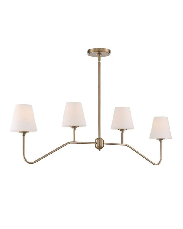 A vibrant gold linear chandelier with clean-lined glass shades and a steel frame.