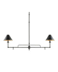 A Sawyer Chandelier with black wrought iron structure and gold leaf detailing on the interior shades, suspended with a central vertical rod.
