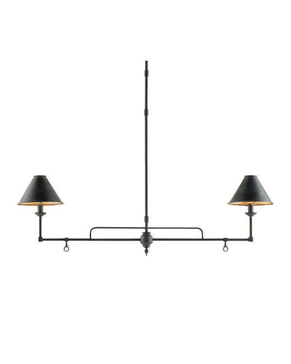 A Sawyer Chandelier with black wrought iron structure and gold leaf detailing on the interior shades, suspended with a central vertical rod.
