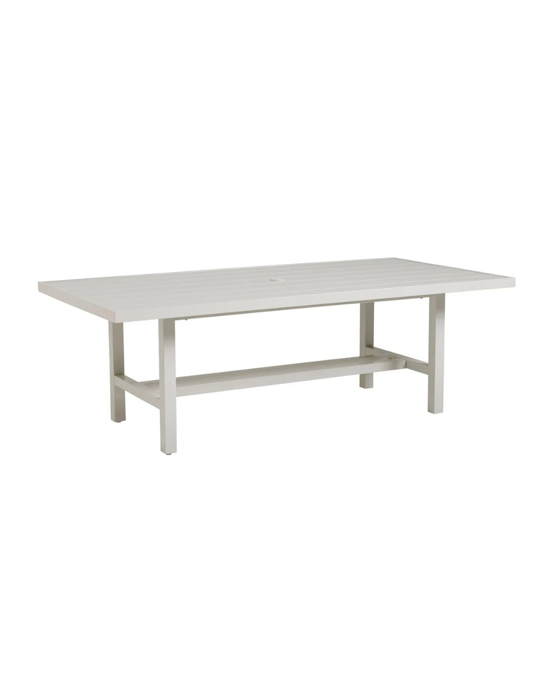 A rectangular dining table with a soft oyster-white finish on an aluminum frame, featuring a tabletop umbrella centerpiece.