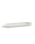 A white rectangular porcelain bathroom tray with embossed rattan-inspired design.
